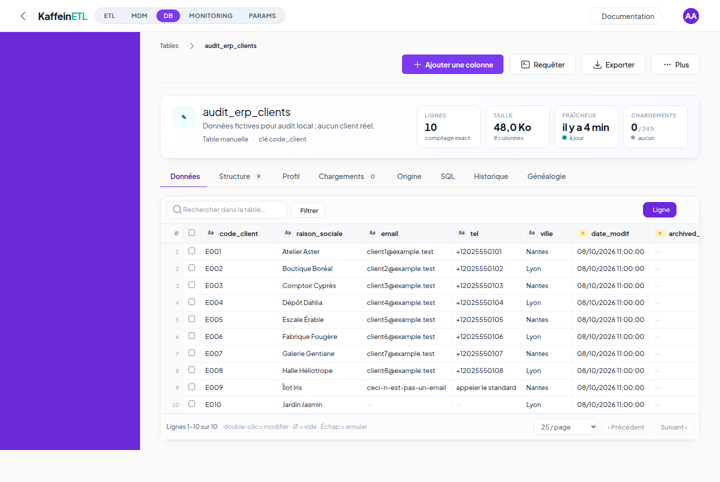 Table du datalake Kaffein contenant des clients fictifs, avec accès aux données, au profil, à l’origine et à l’historique.